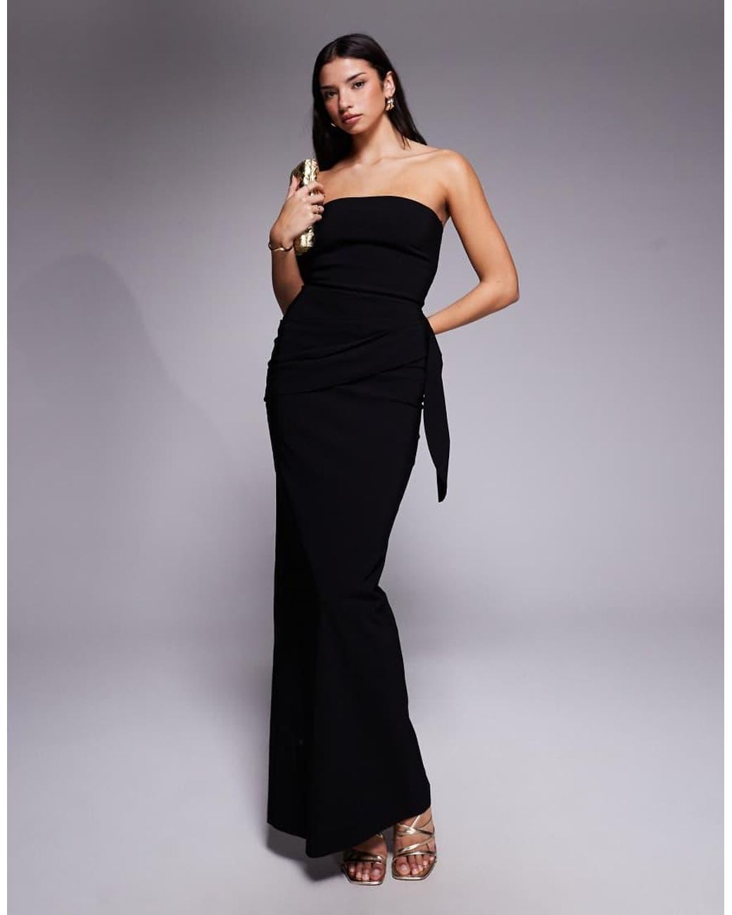 Vesper Blue Bengaline Bandeau Drape Front Detail Maxi Dress