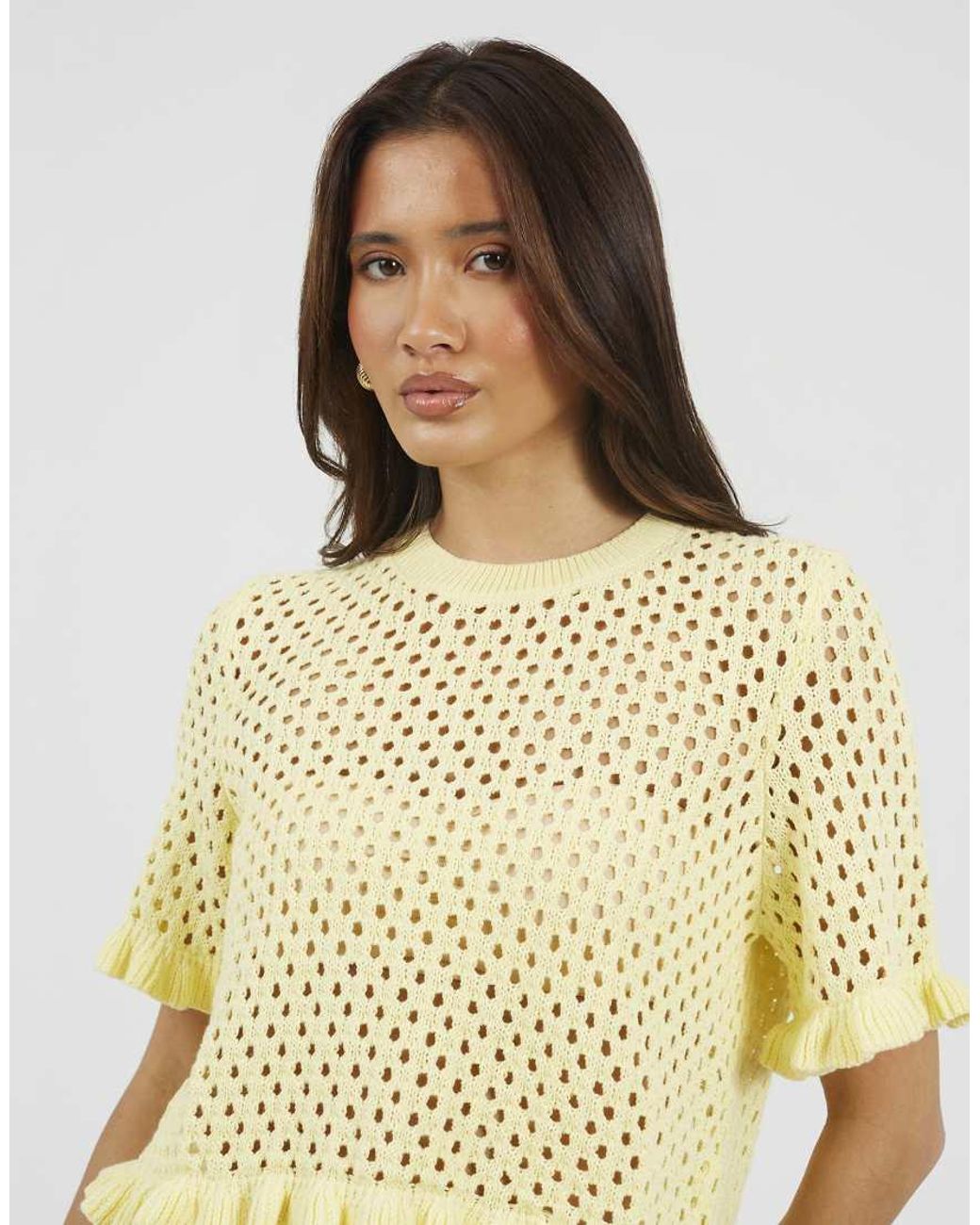Brave Soul Metallic Open Knit T Shirt With Frill Hem
