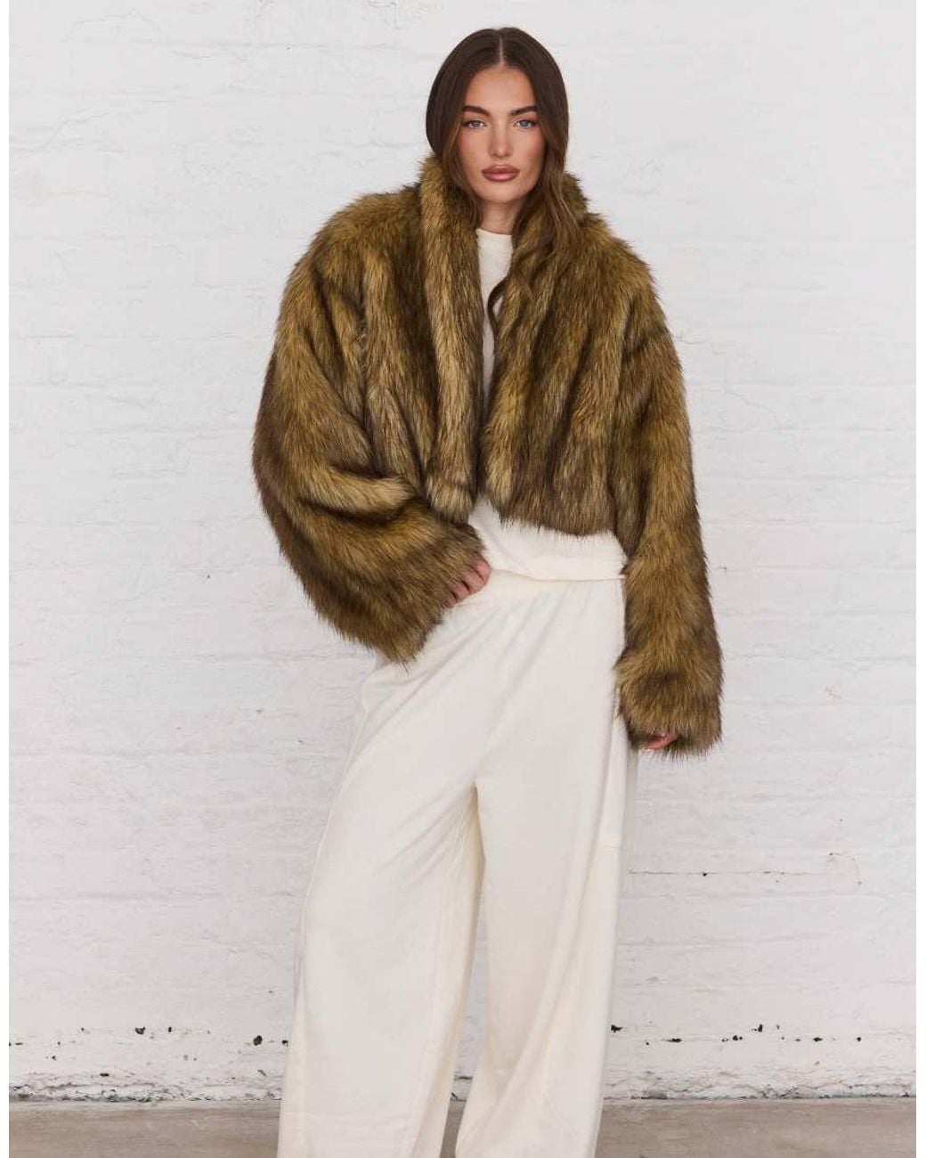 Aria Cove Brown Oversized Cropped Wide Sleeve Faux Fur Jacket