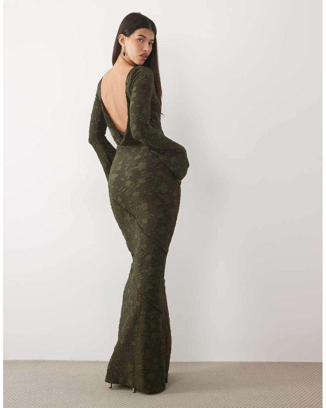 ASOS Green Devore Long Sleeve Open Back Maxi Dress