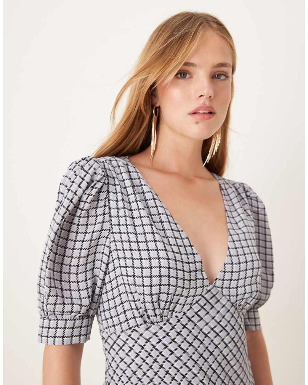 Glamorous Natural Light- Check V-Neck Midi Tea-Dress