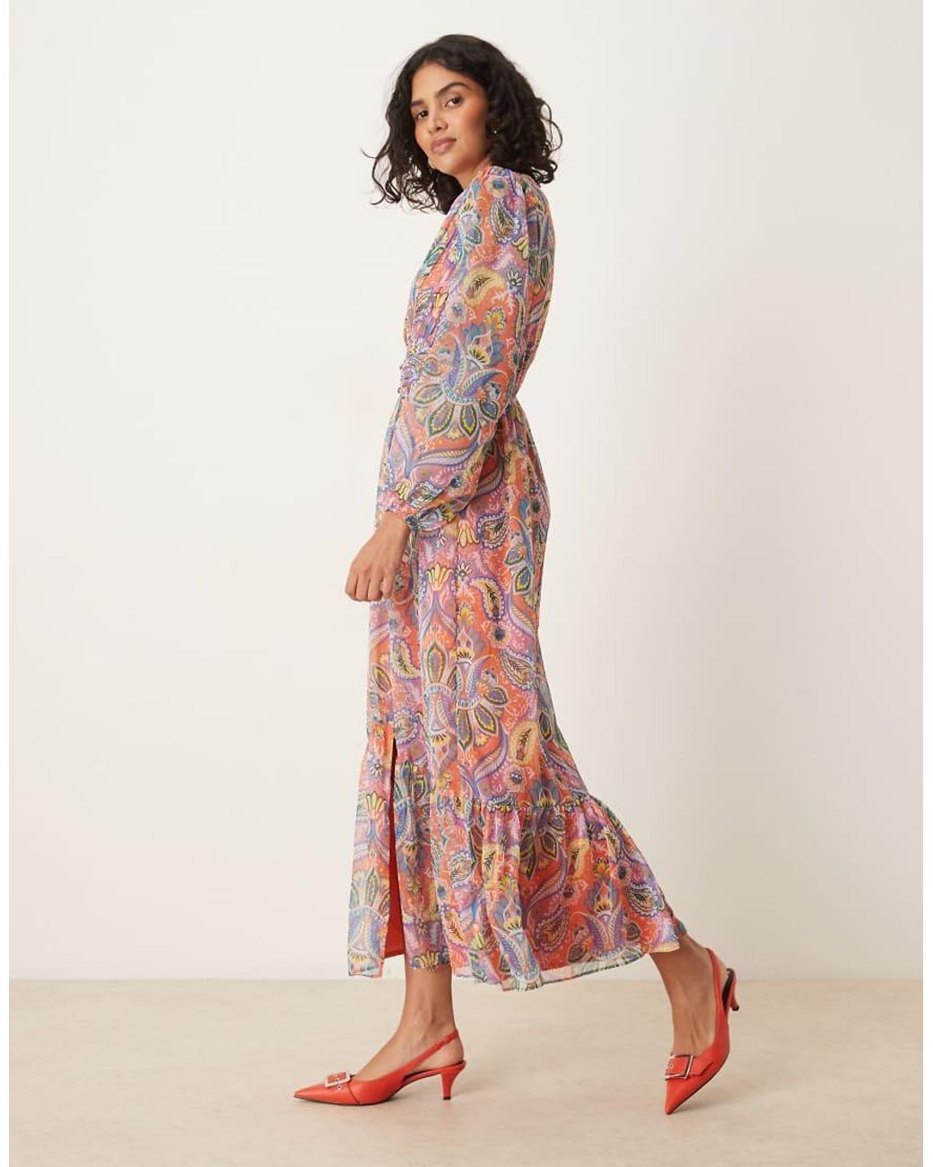 Lovedrobe Pink Paisley V Neck Long Sleeve Midaxi Dress