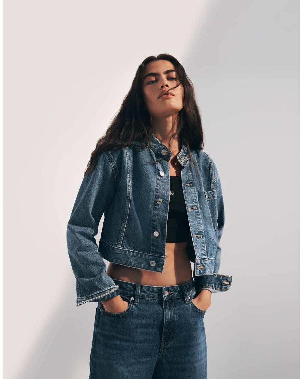Calvin Klein Blue Cropped Button Up Denim Jacket With High Neck Detail