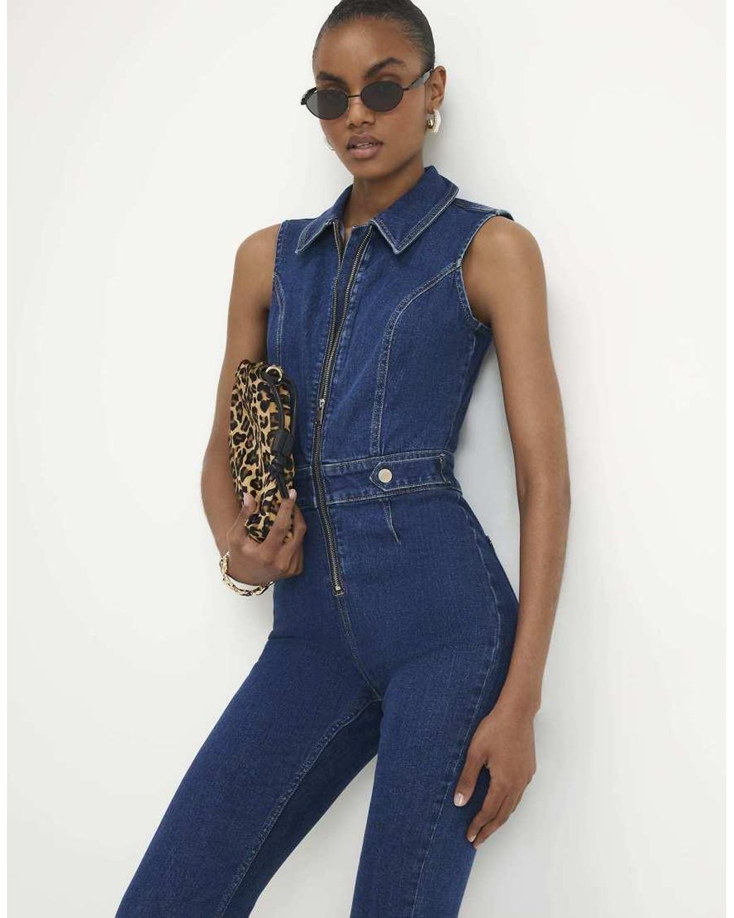 River Island Blue Stretch Flared Denim Jumpsuit