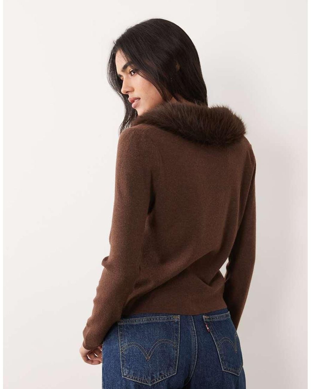 Pieces Brown Fur Trim Knitted Cardigan