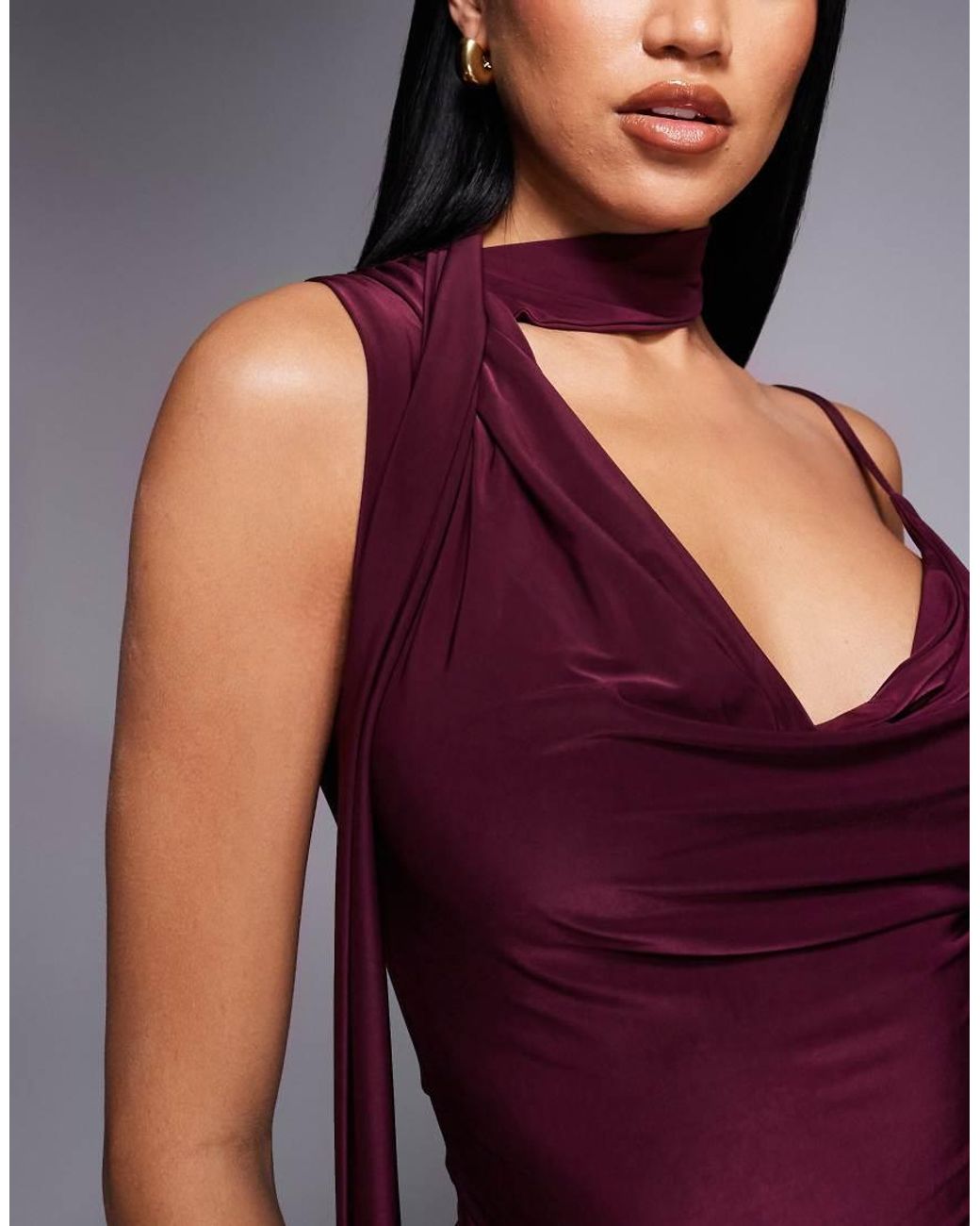 Kaiia Purple Exclusive Double Laye Slinky Cowl Neck Scarf Detail Top Co-ord