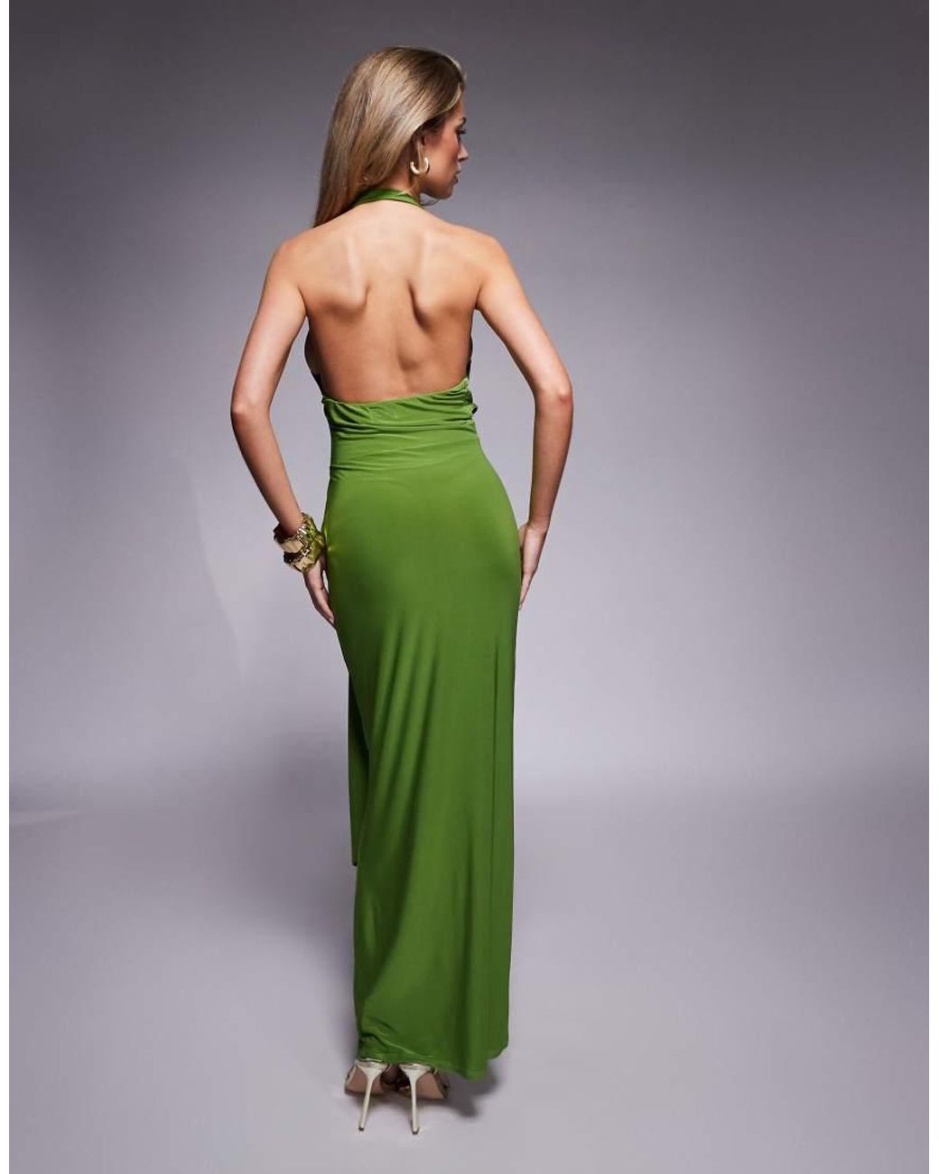 ASOS Green Plunge Halter Midi Dress With Knot Wrap Detail