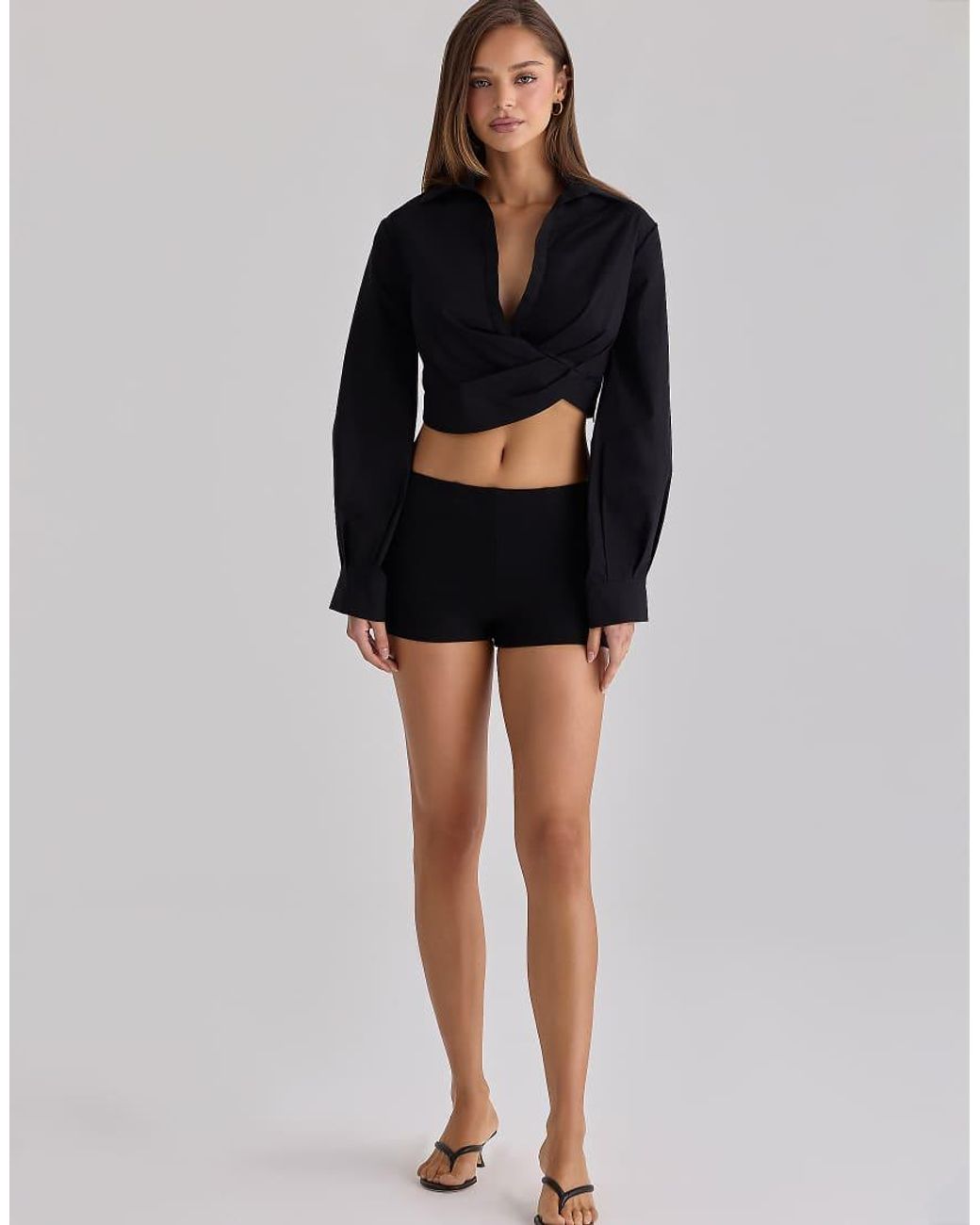 House Of Cb Blue Ivara Long Sleeve Cropped Cotton Shirt