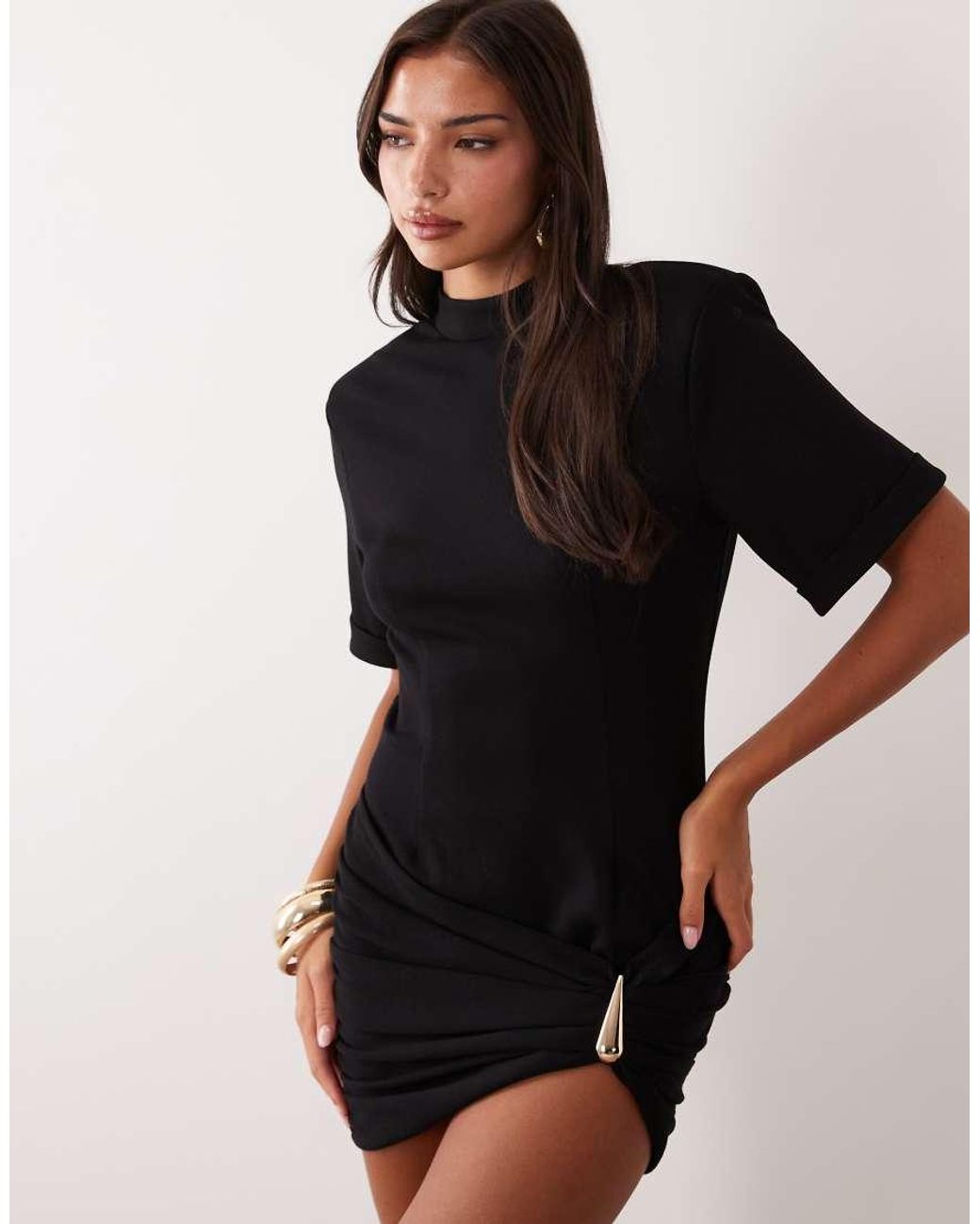 Ruched & Ready Black Sculpted Shoulder Pad Detail Hardware Mini T-Shirt Dress