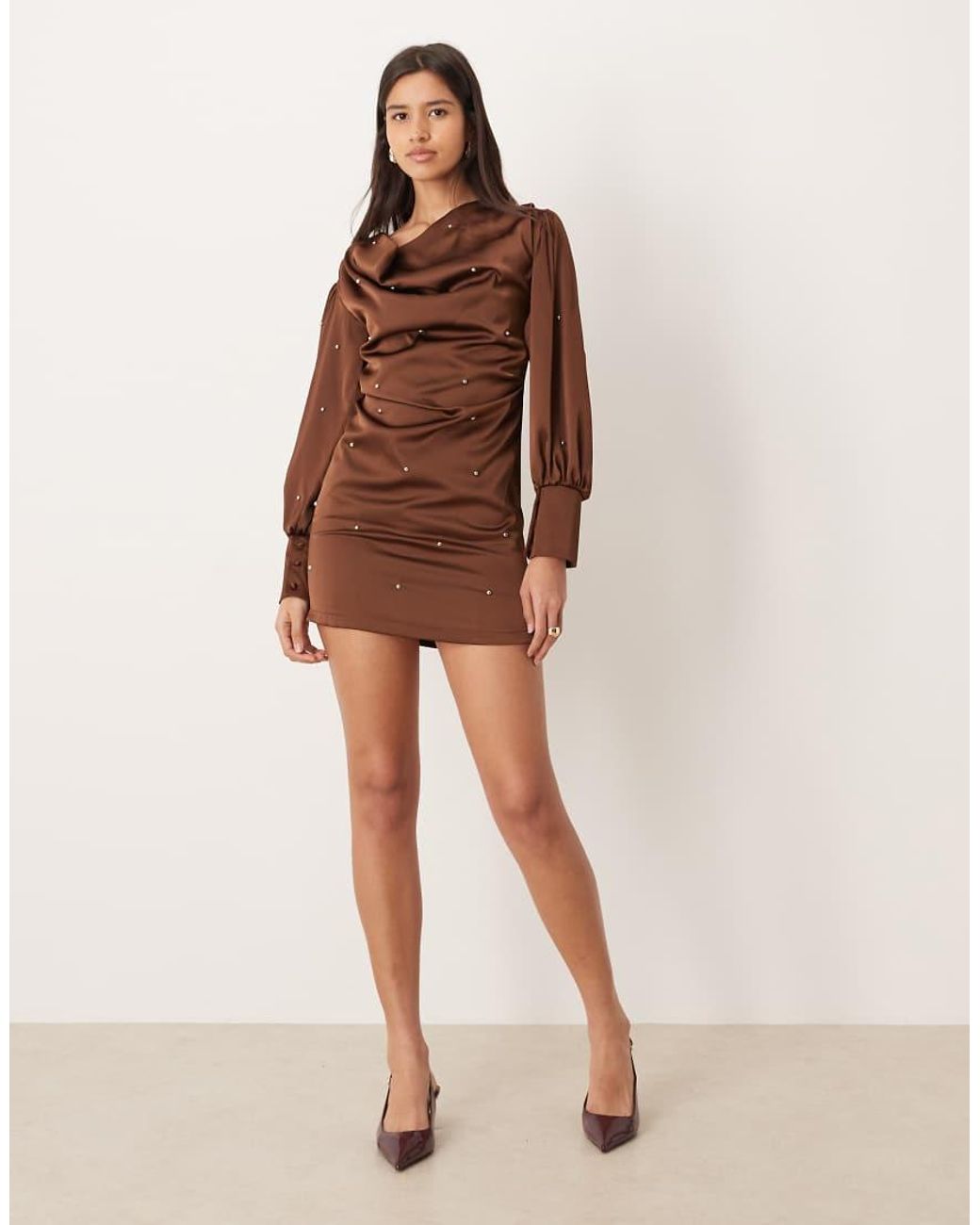 Ghospell Brown Cowl Front Balloon Sleeve Satin Studded Mini Dress