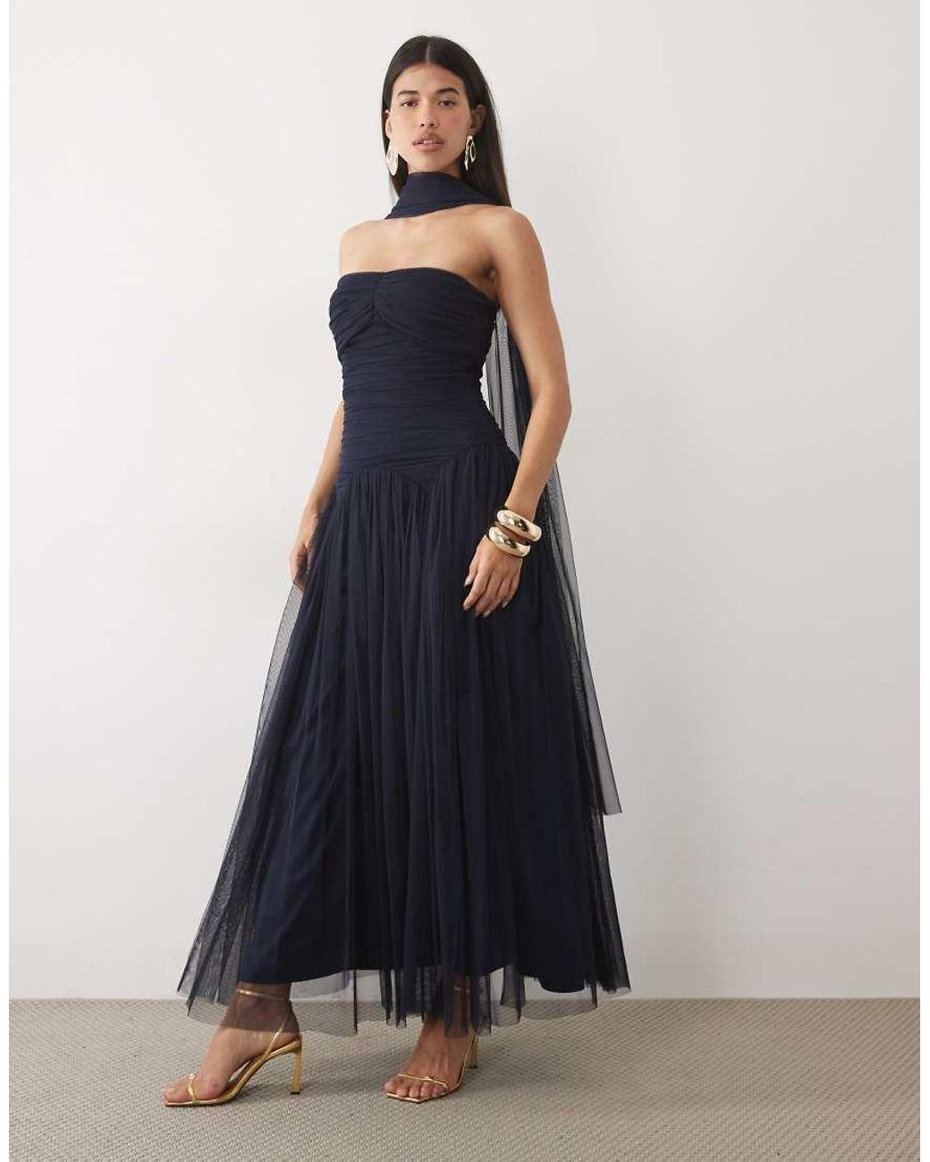 LACE & BEADS Blue Tulle Bandeau Shaped Waistband Scarf Detail Maxi Dress