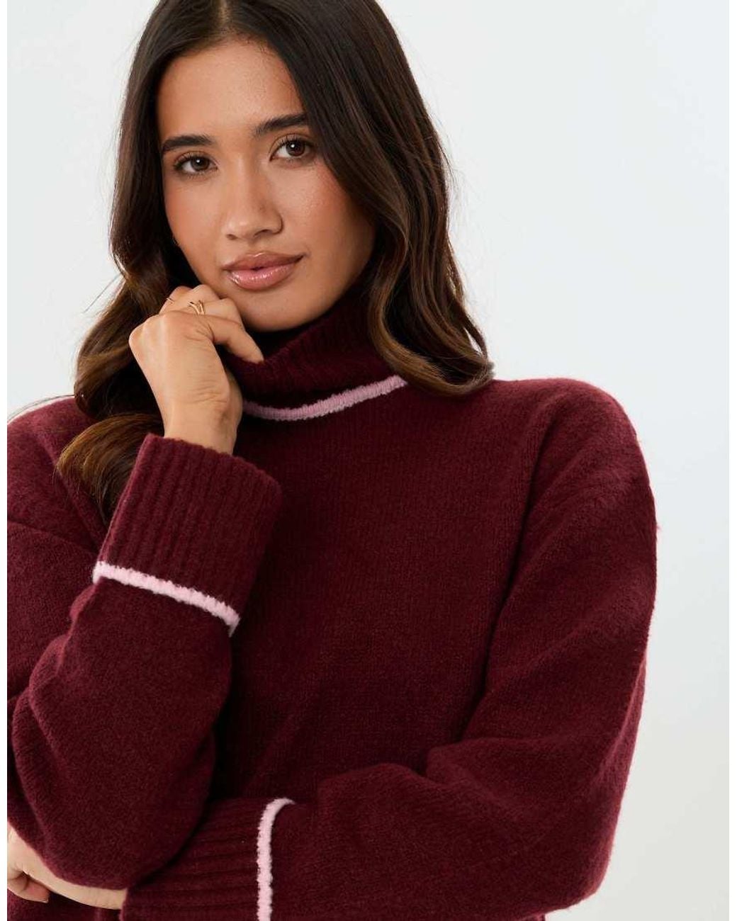 Threadbare Red Relaxed Fit Contrast Trim Funnel Neck Jumper