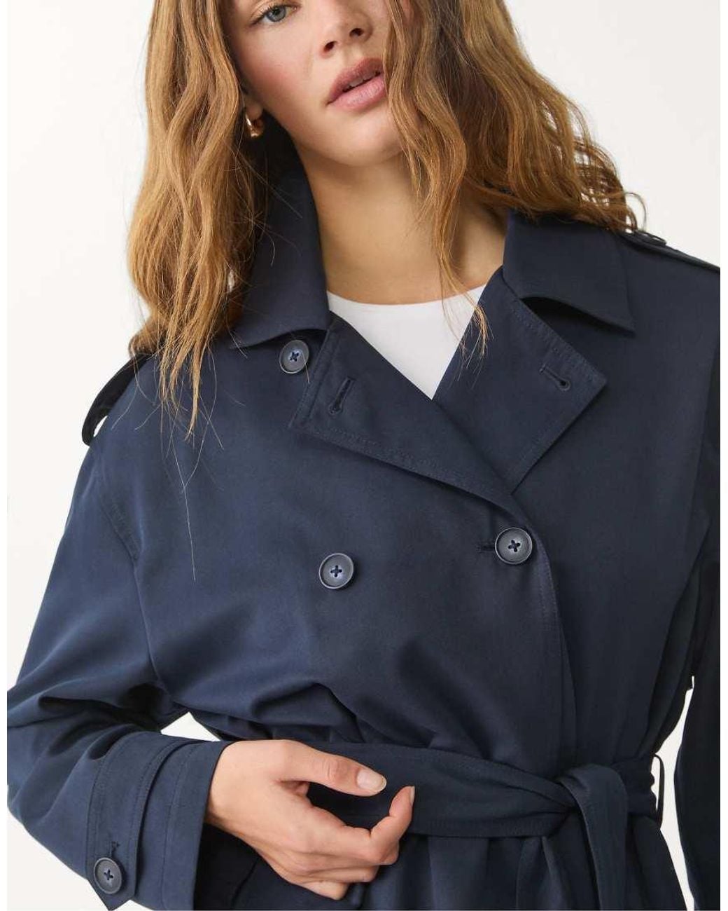 Stradivarius Blue Cropped Trench Coat With Belt