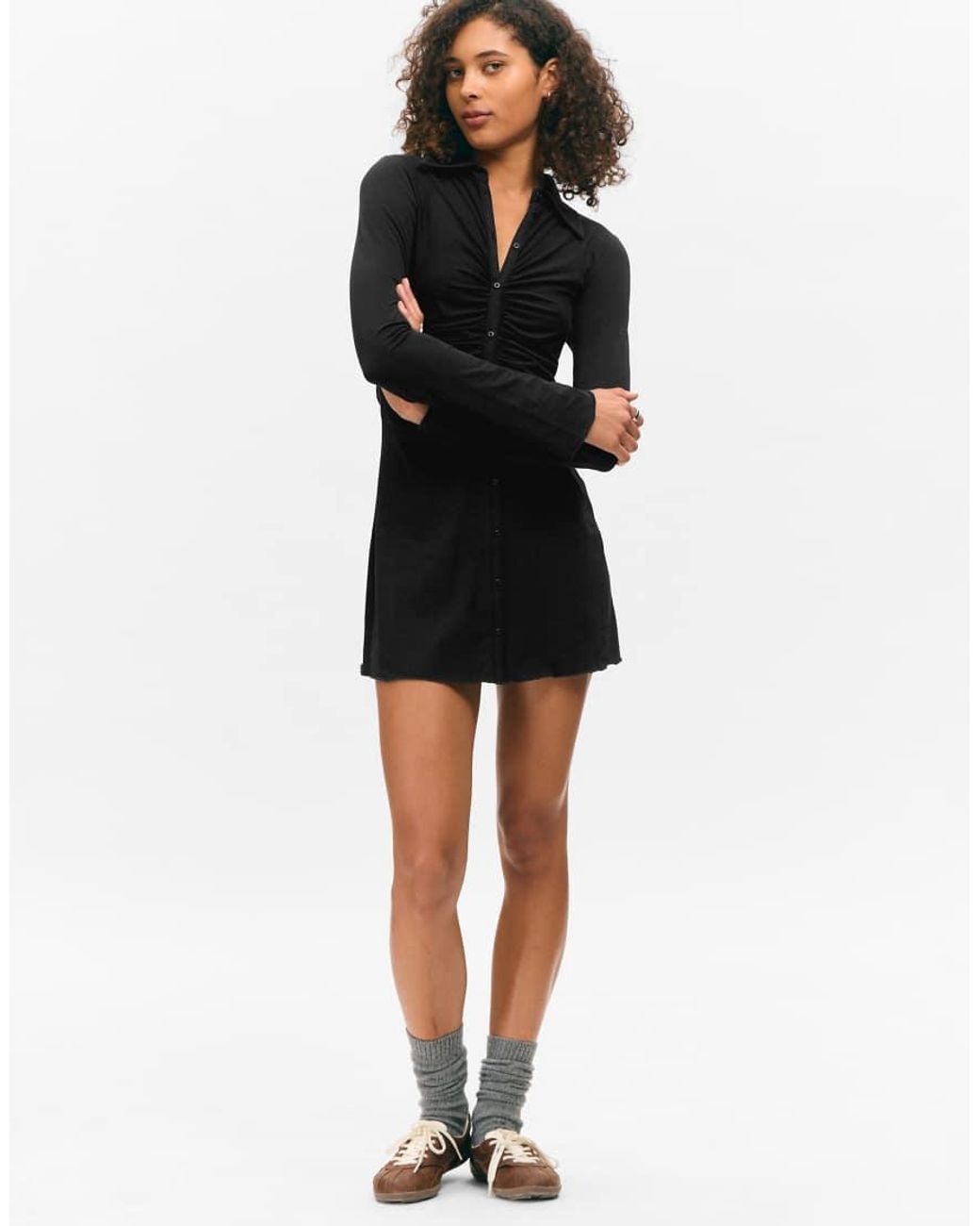 Monki Natural Ruched Front Long Sleeve Mini Shirt Dress