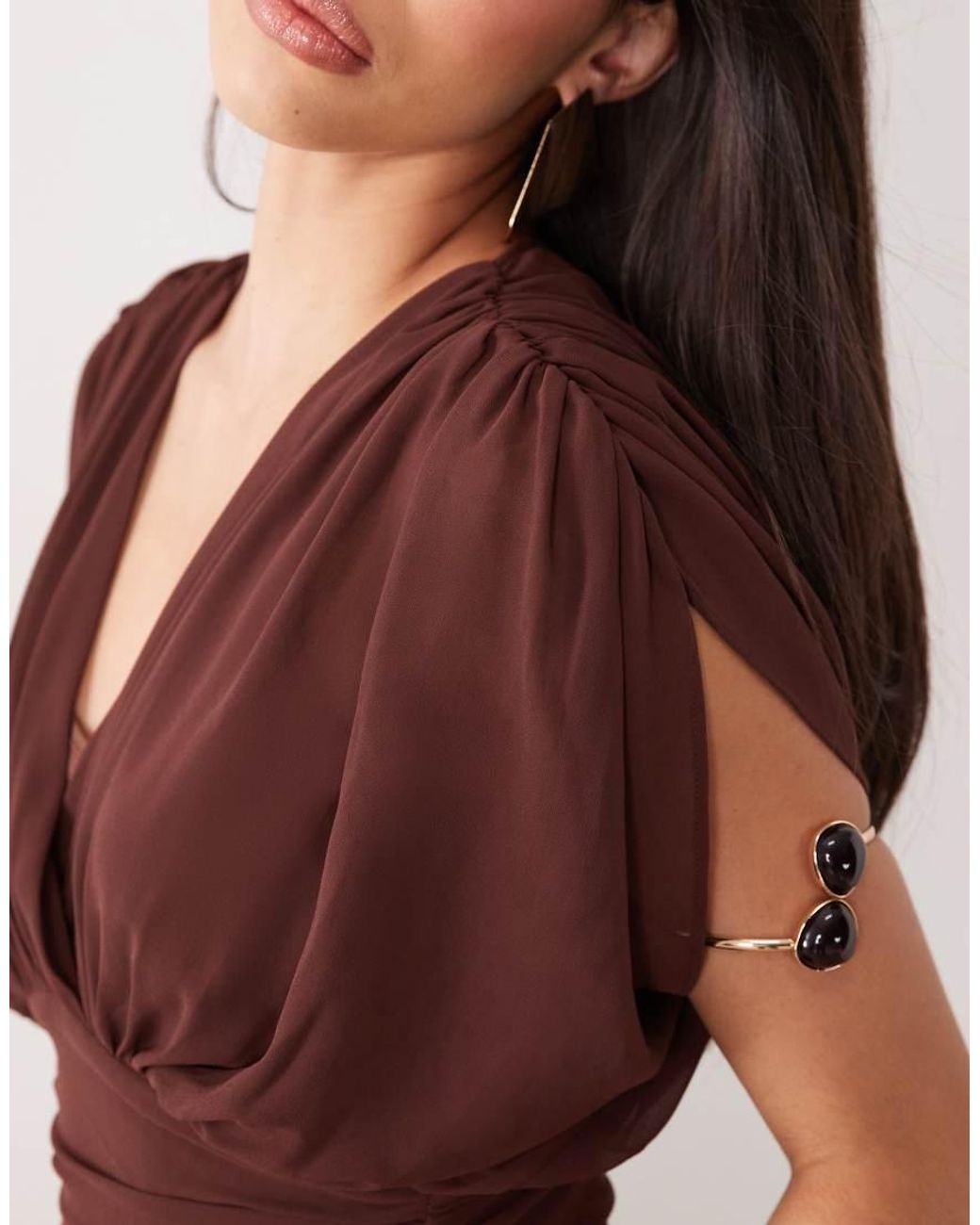 TFNC London Brown Chiffon Gathered Waist Sheer Drop Hem Maxi Dress