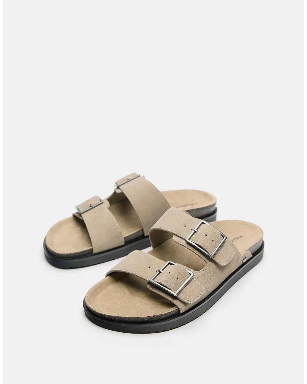 Pull&Bear White Buckled Leather Flat Sandals for men