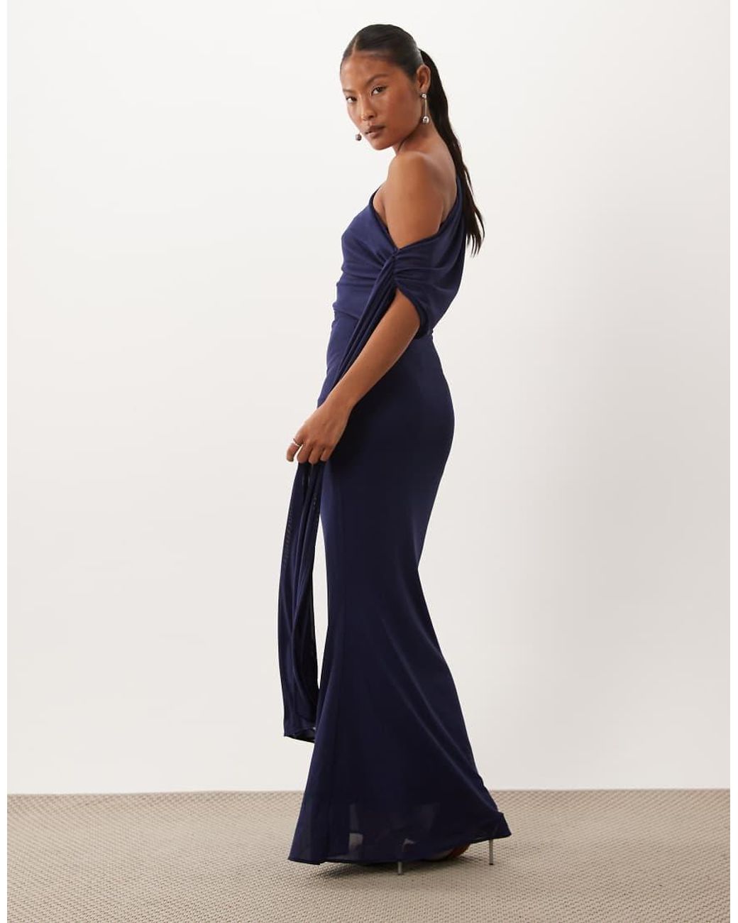 TFNC London Blue Mesh Draped One Shoulder Tie Detail Maxi Dress