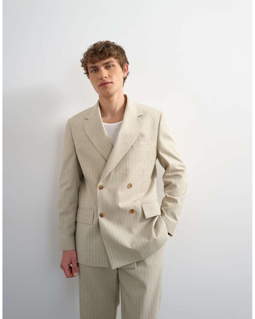 Topman White Relaxed Fit Double Breasted Stripe Blazer for men