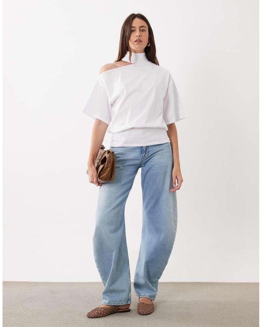 ASOS White Funnel Neck Cut Out Shoulder Top