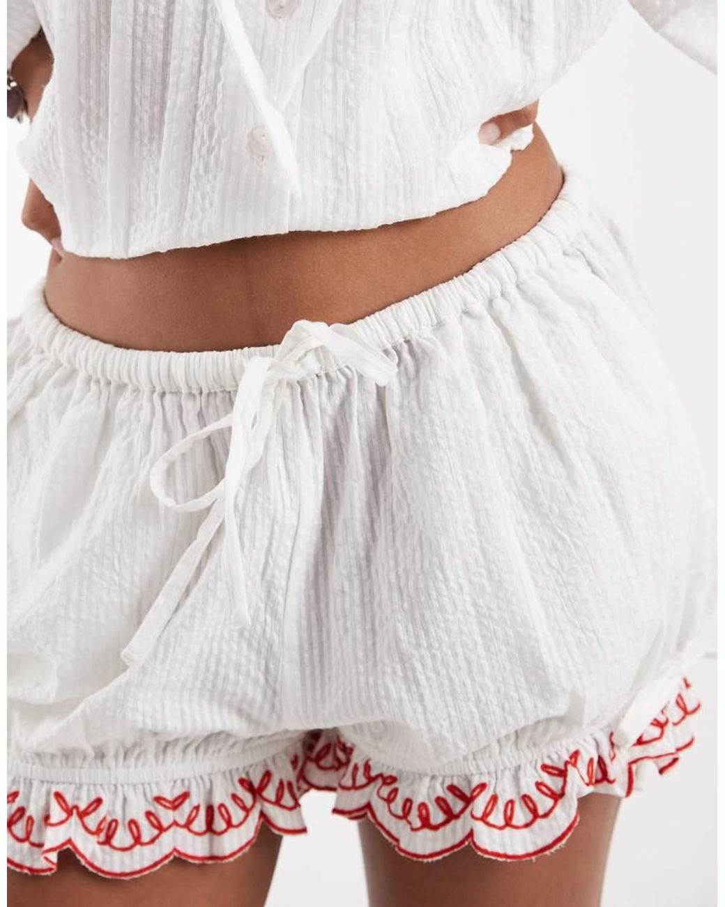 Neon Rose White Bloomer Tie Detail Ruffle Edged Shorts