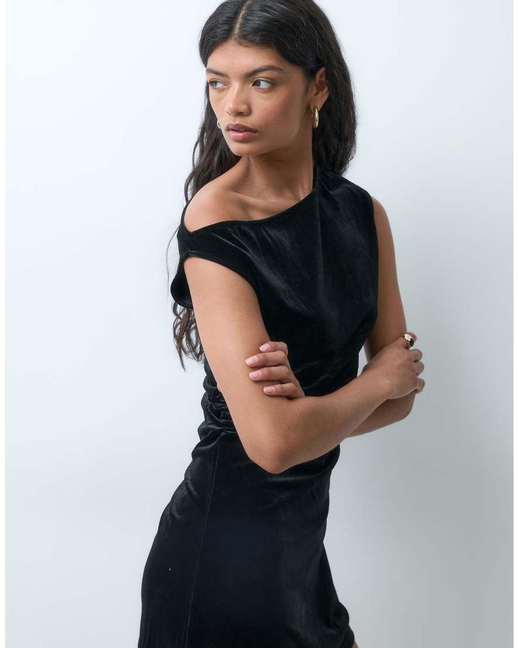 ONLY Blue Slash Neck Off Shoulder Velvet Mini Dress