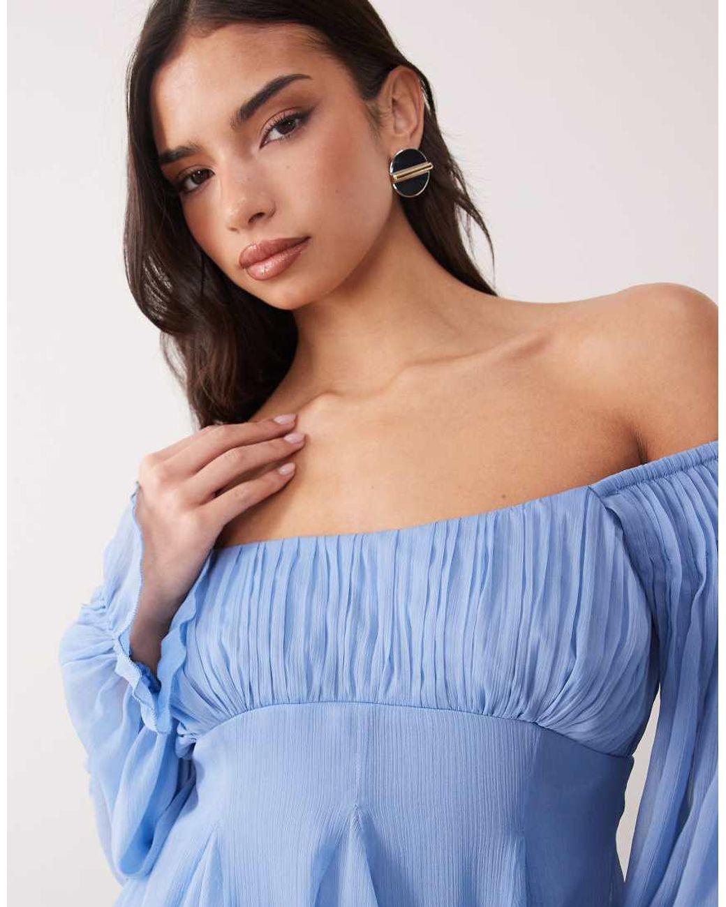 ASOS Blue Double Layer Off The Shoulder Godet Mini Dress