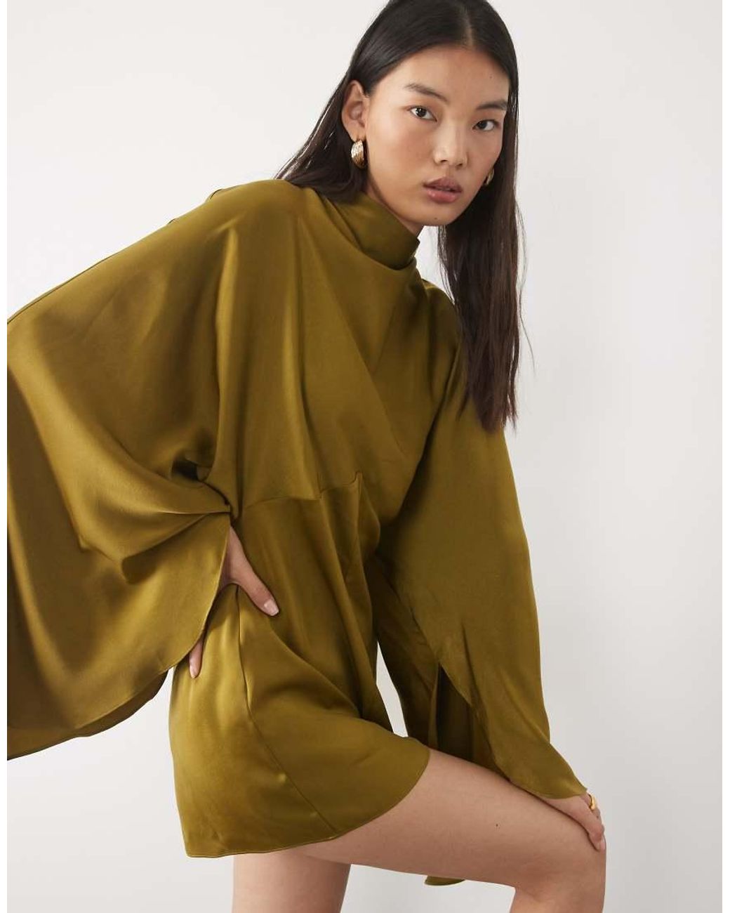 ASOS Green Satin Batwing Playsuit With Extreme Sleeve