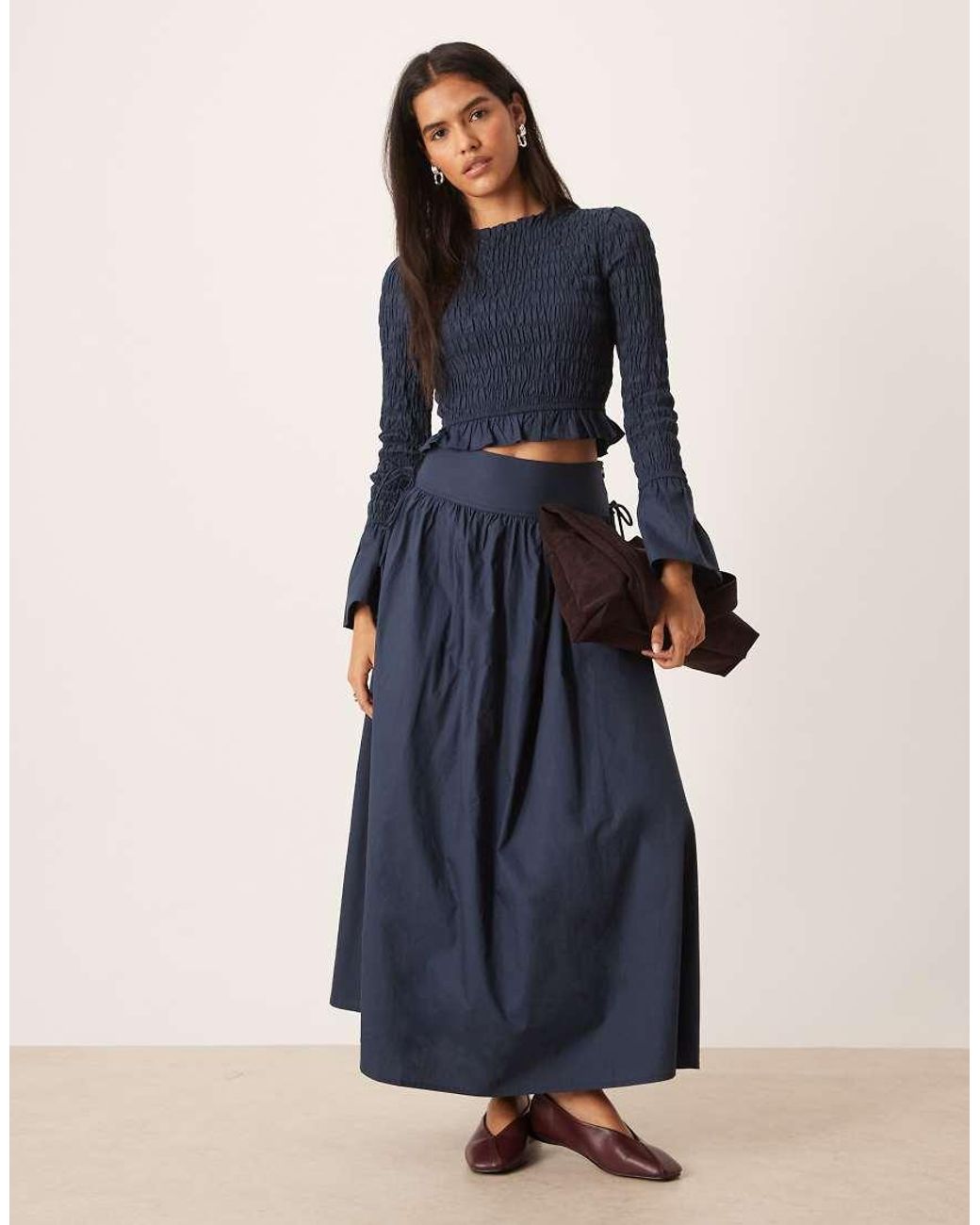 Glamorous Blue Long Sleeve Shirred Top