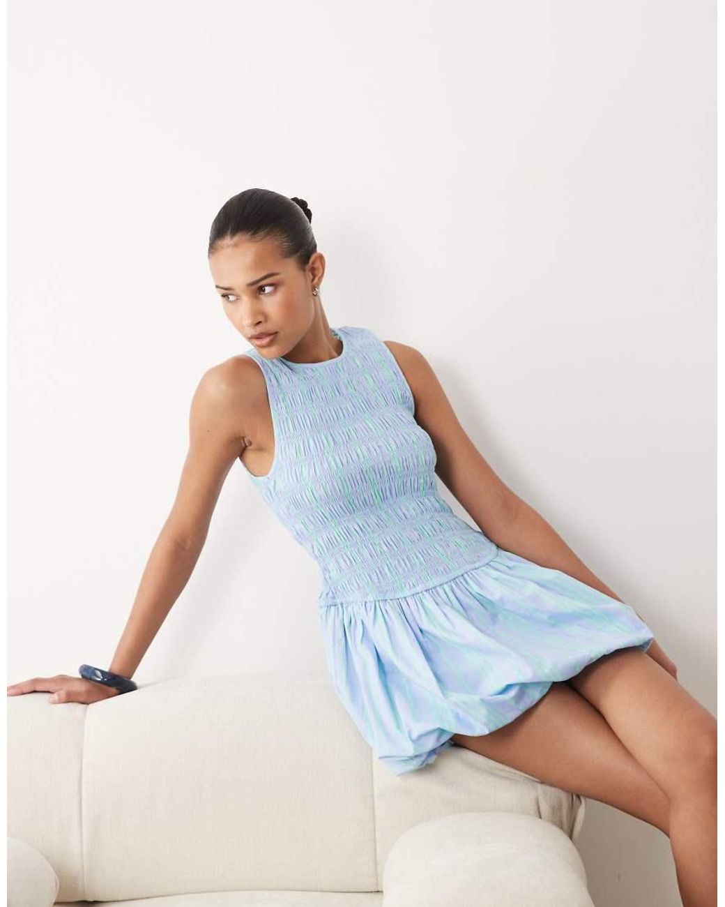 Wednesday's Girl Blue Shirred Puff Ball Mini Dress
