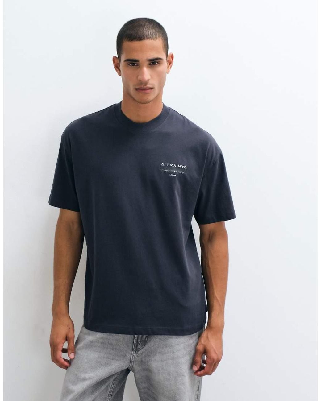AllSaints Blue Redact Oversized Embroidered Logo T-Shirt for men
