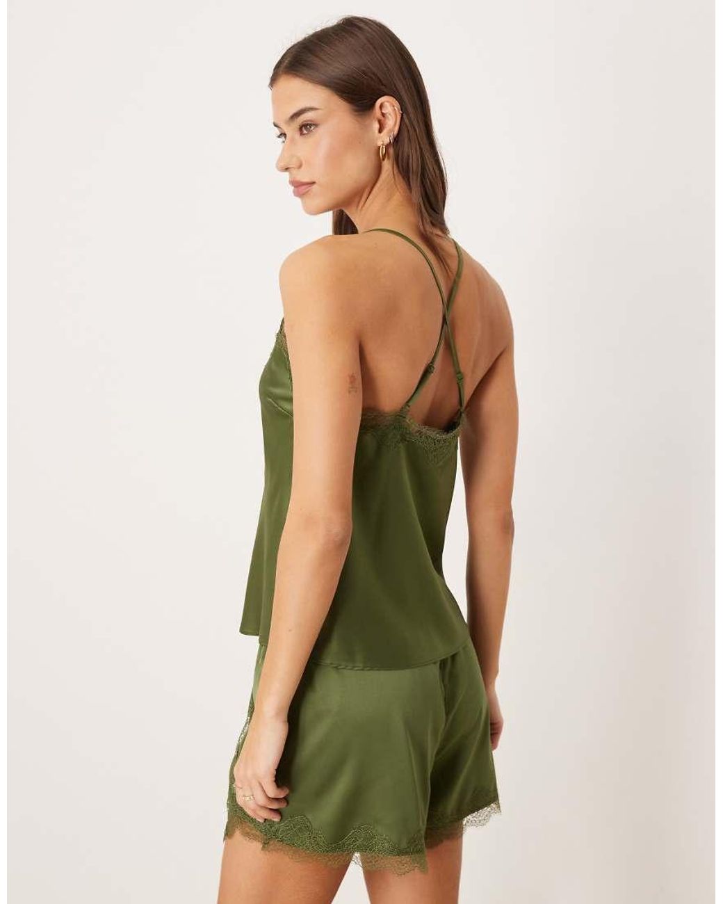 Chelsea Peers Green Bridesmaids Satin Cross Back Cami Top And Tulip Hem Shorts Sleepwear Set