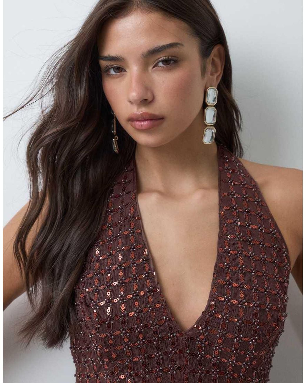 TFNC London Brown Premium Sequins Plunge Halter Neck Embellished Top Co-ord