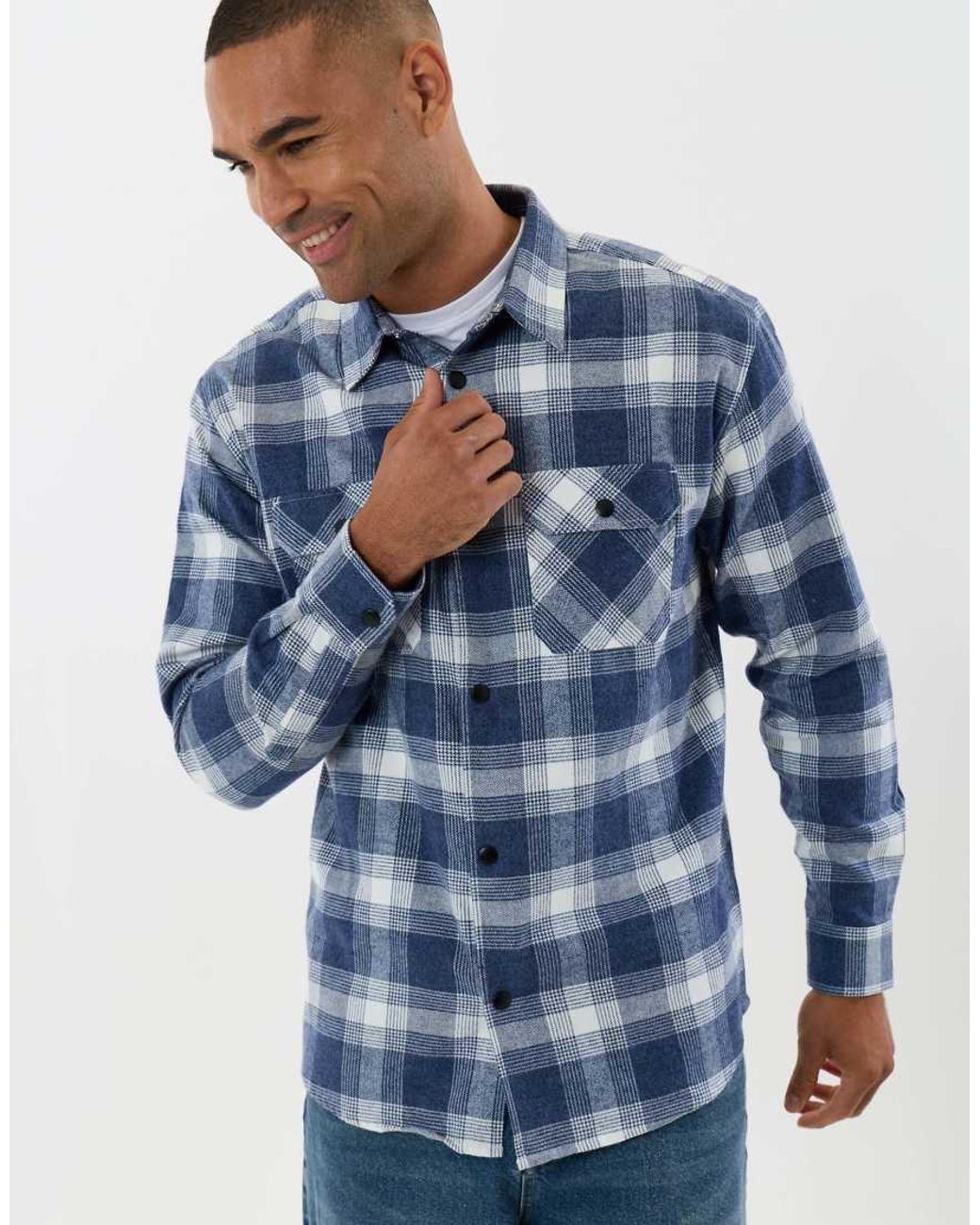 Threadbare Blue Relaxed Fit Cotton Patch Pocket Shirt for men