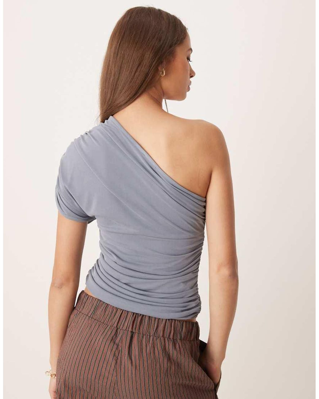 ASOS Blue Cupro One Shoulder Ruched Top