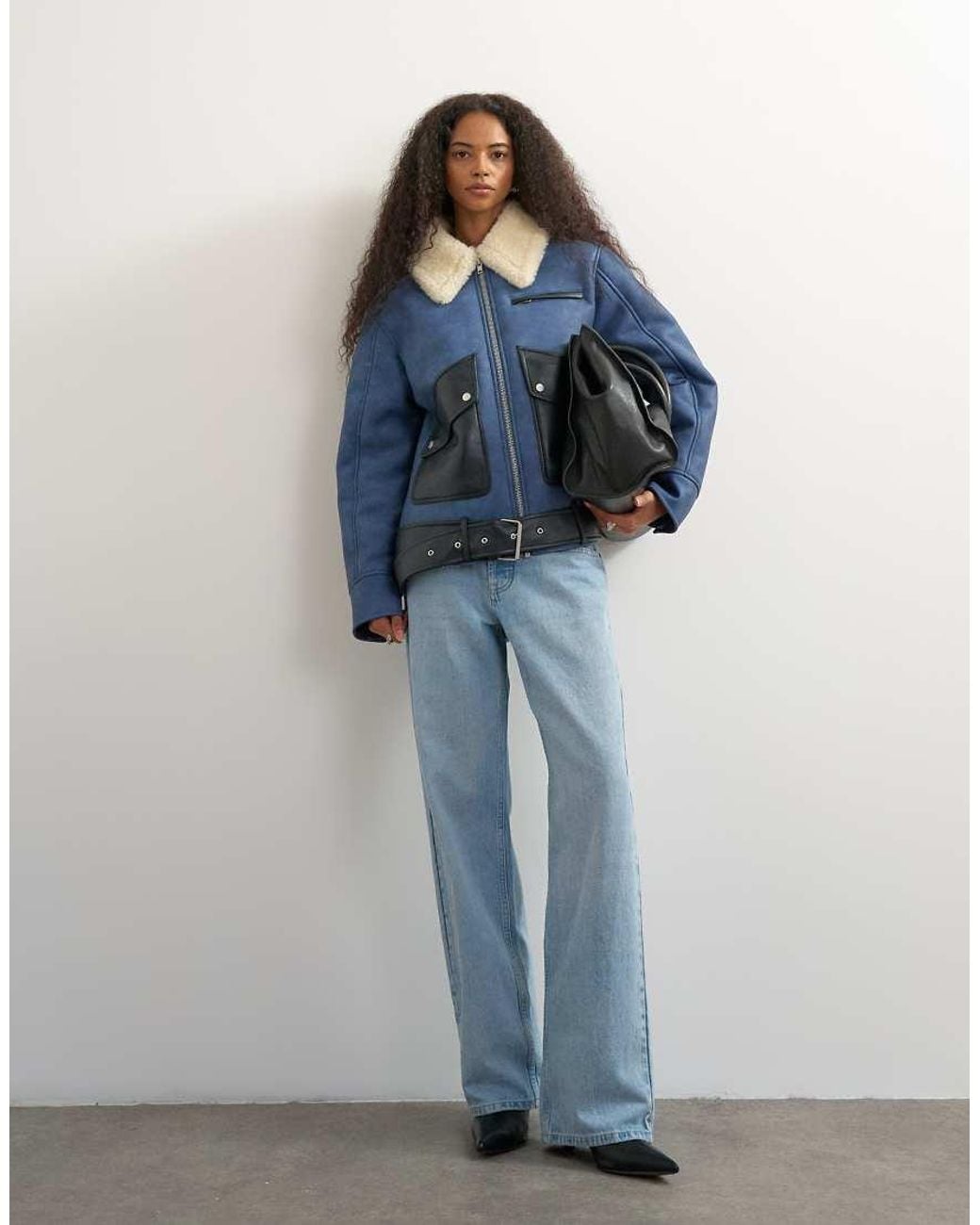 TOPSHOP Blue Shearling Belted Biker Jacket