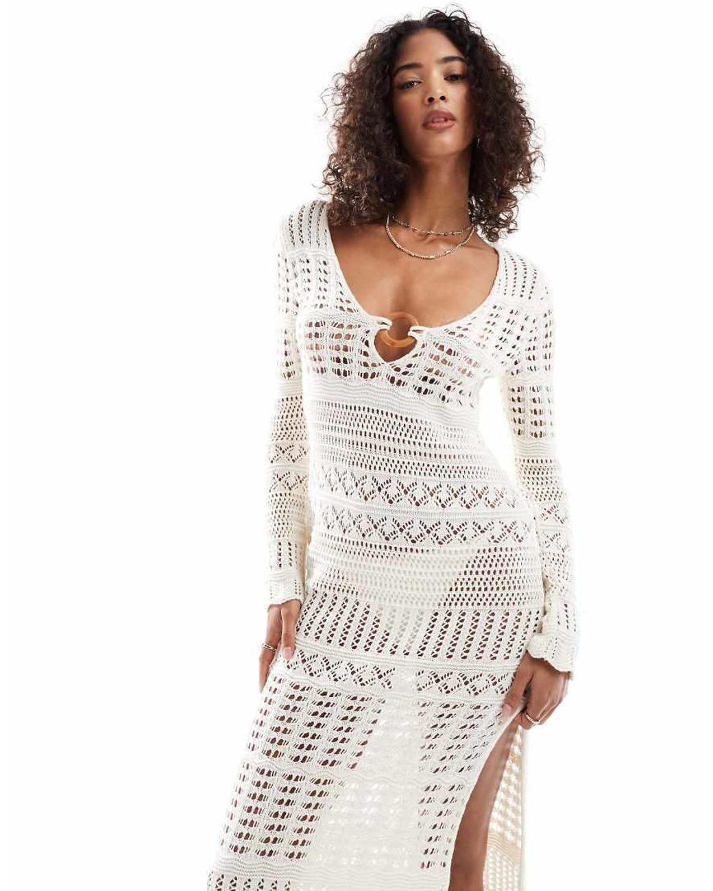 Miss Selfridge White Knitted Crochet O Ring Long Sleeve Maxi Dress