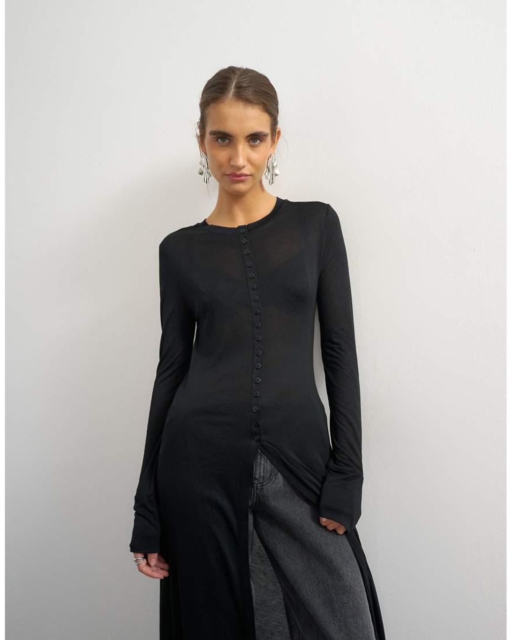 TOPSHOP Black Sheer Button Down Long Line Top