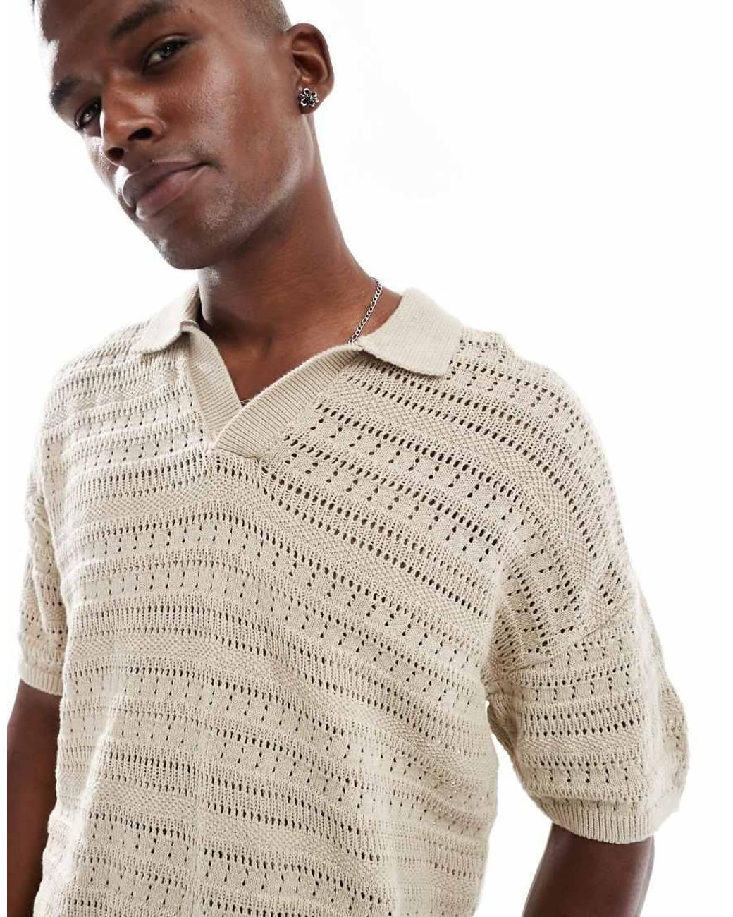 Only & Sons Natural Drop Shoulder Open Knit Split Neck Polo for men