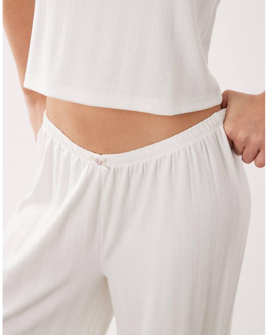 ASOS Natural Pointelle Wide Leg Pyjama Trousers With Rosebud Trim
