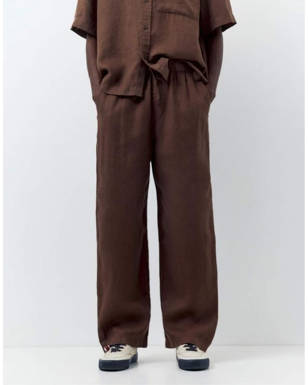 Pull&Bear Brown 100% Linen Trousers for men