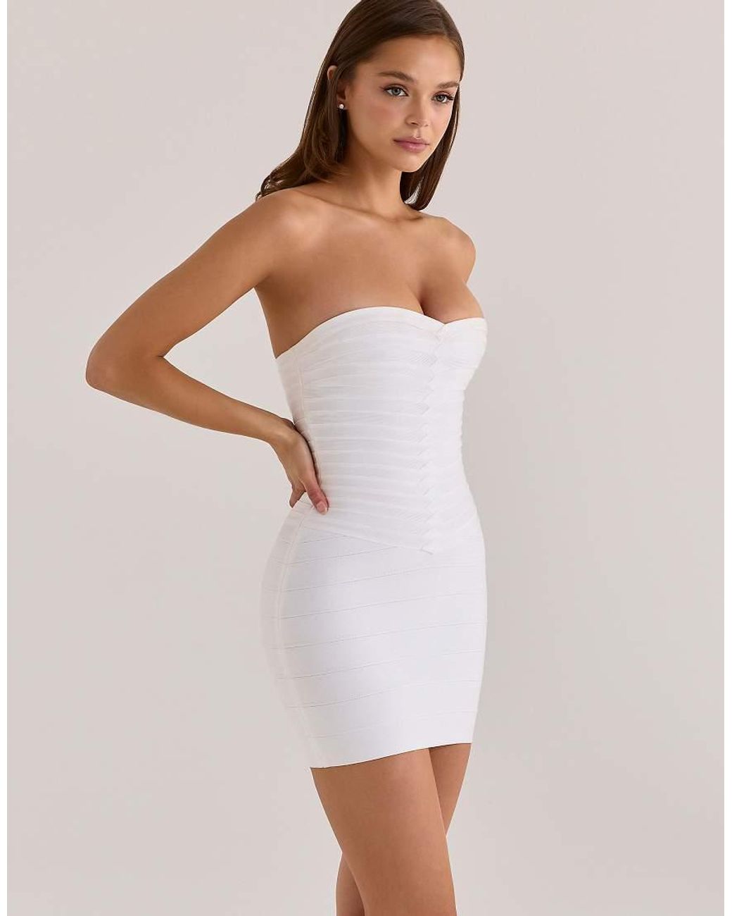 House Of Cb White The Sweetheart True Strapless V Waist Bandage Mini Dress