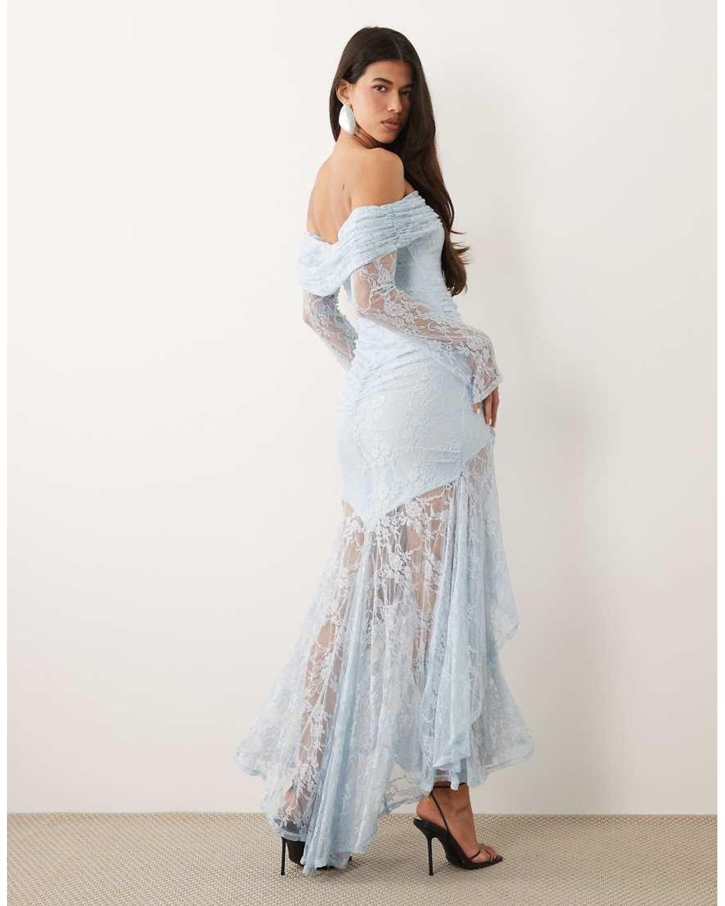 ASOS Blue Lace Off The Shoulder Long Sleeve Maxi Dress