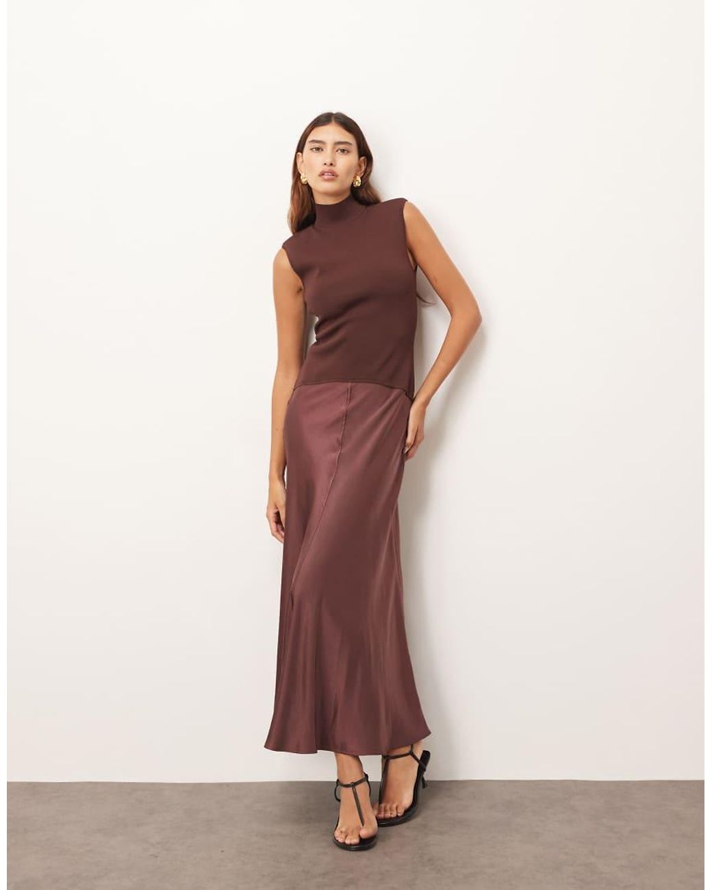 ARRANGE Knit Drop Waist Midi Dress With Satin Skirt in Pink | Lyst UK