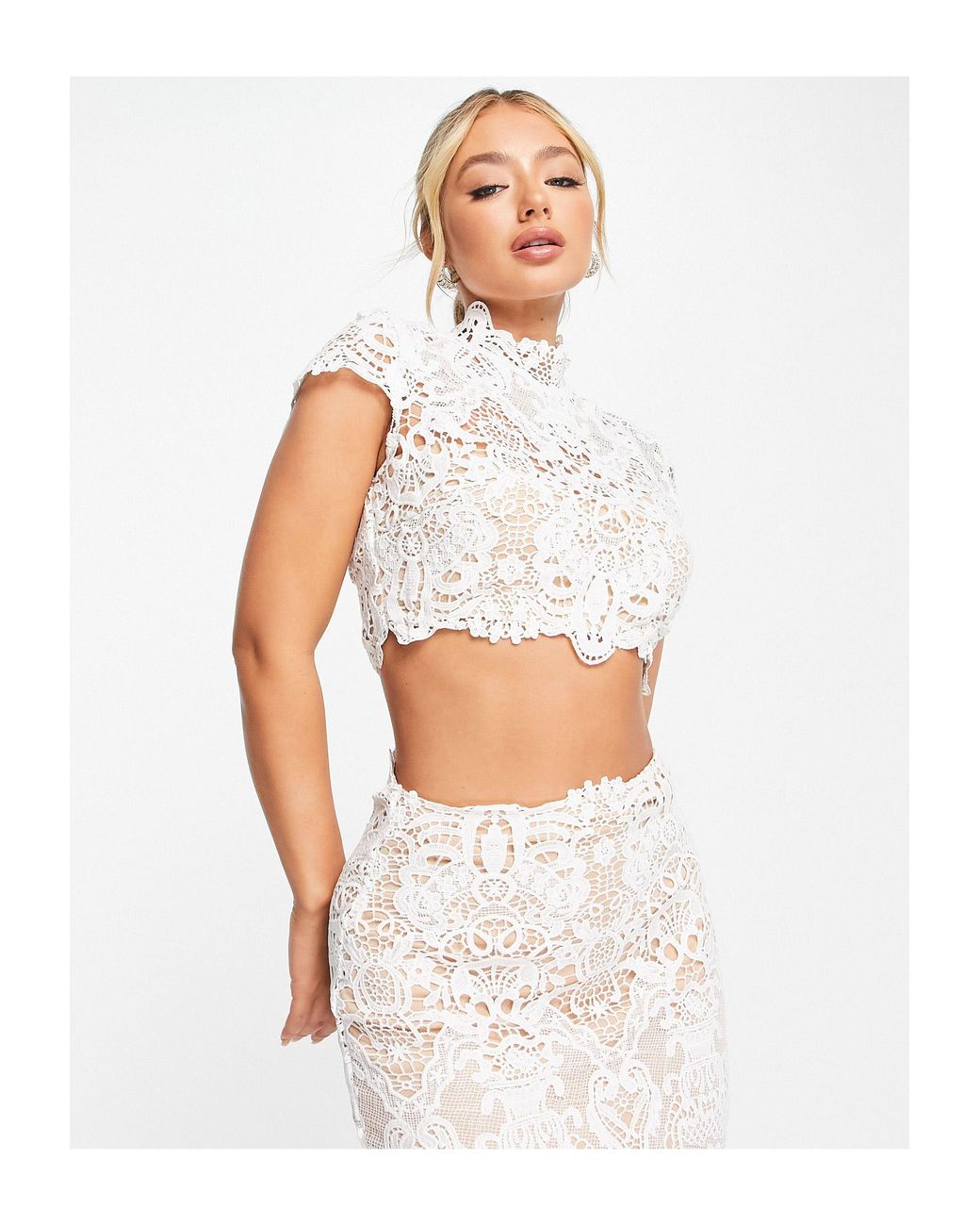 Goddiva Two Piece Lace Crop Top And Fishtail Maxi Skirt Set in White | Lyst  Australia