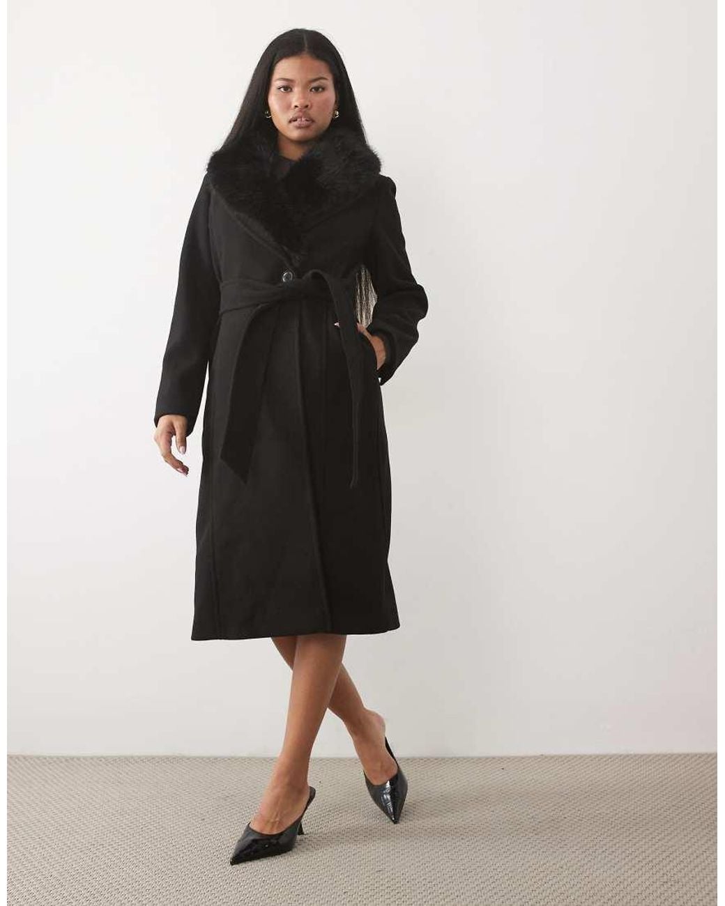 Forever New Black Faux Fur Tie Detail Coat