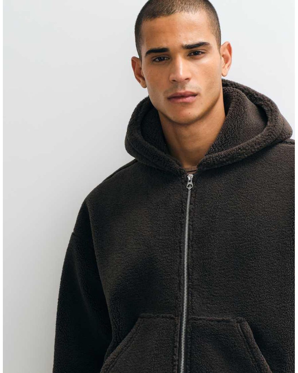 Weekday Black Oversized Borg Fleece Funnel Neck Zip Hoodie for men