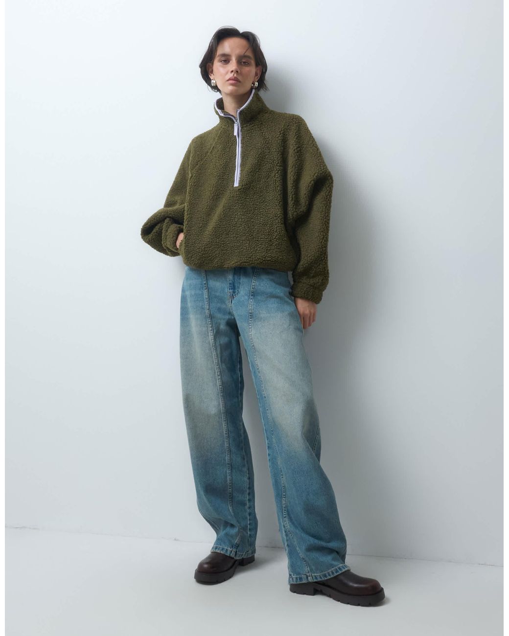 ASOS Green Borg Half Zip With Contrast Binding