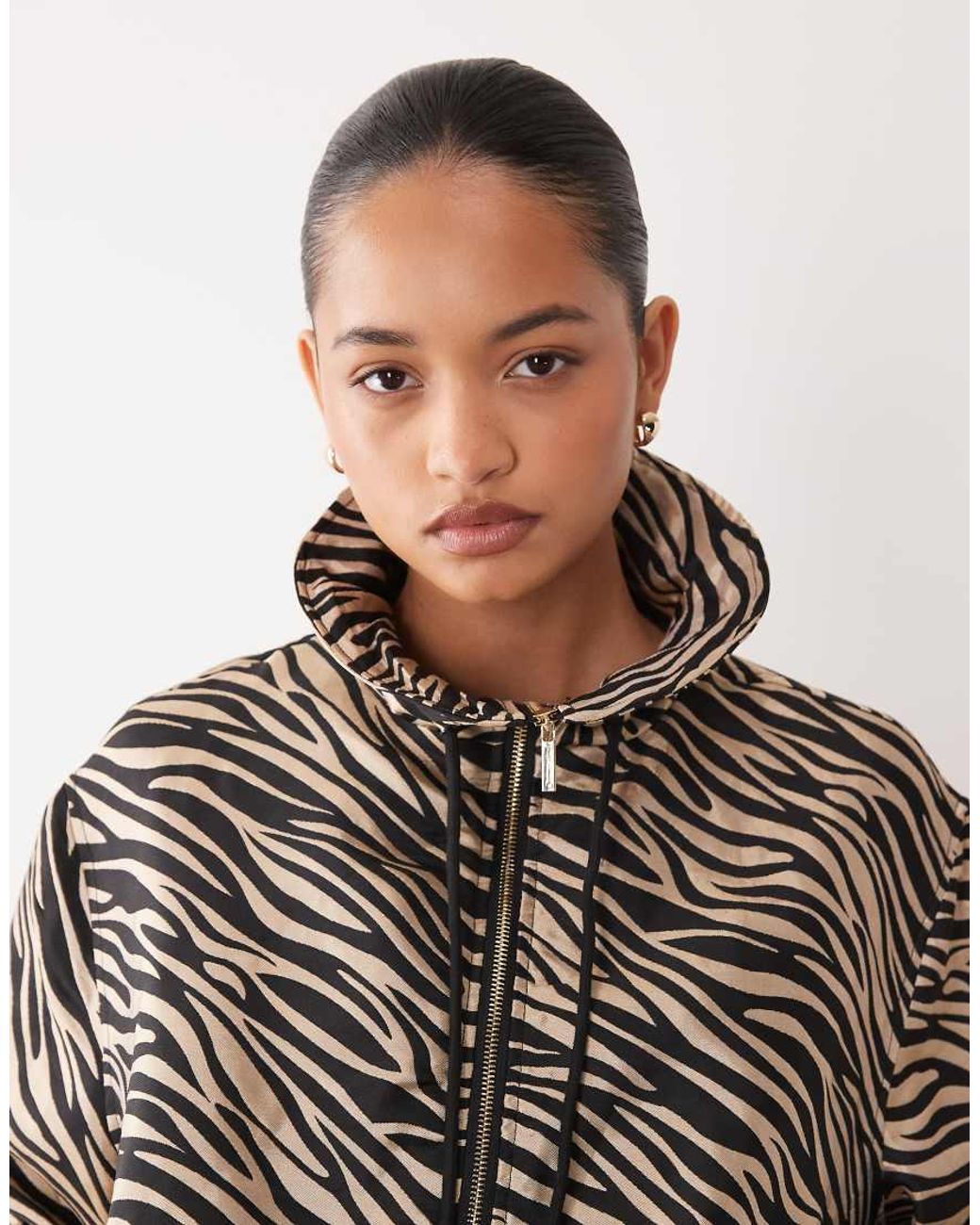 Ghospell Brown Funnel Neck Drawstring Detail Zip Up Track Jacket Set