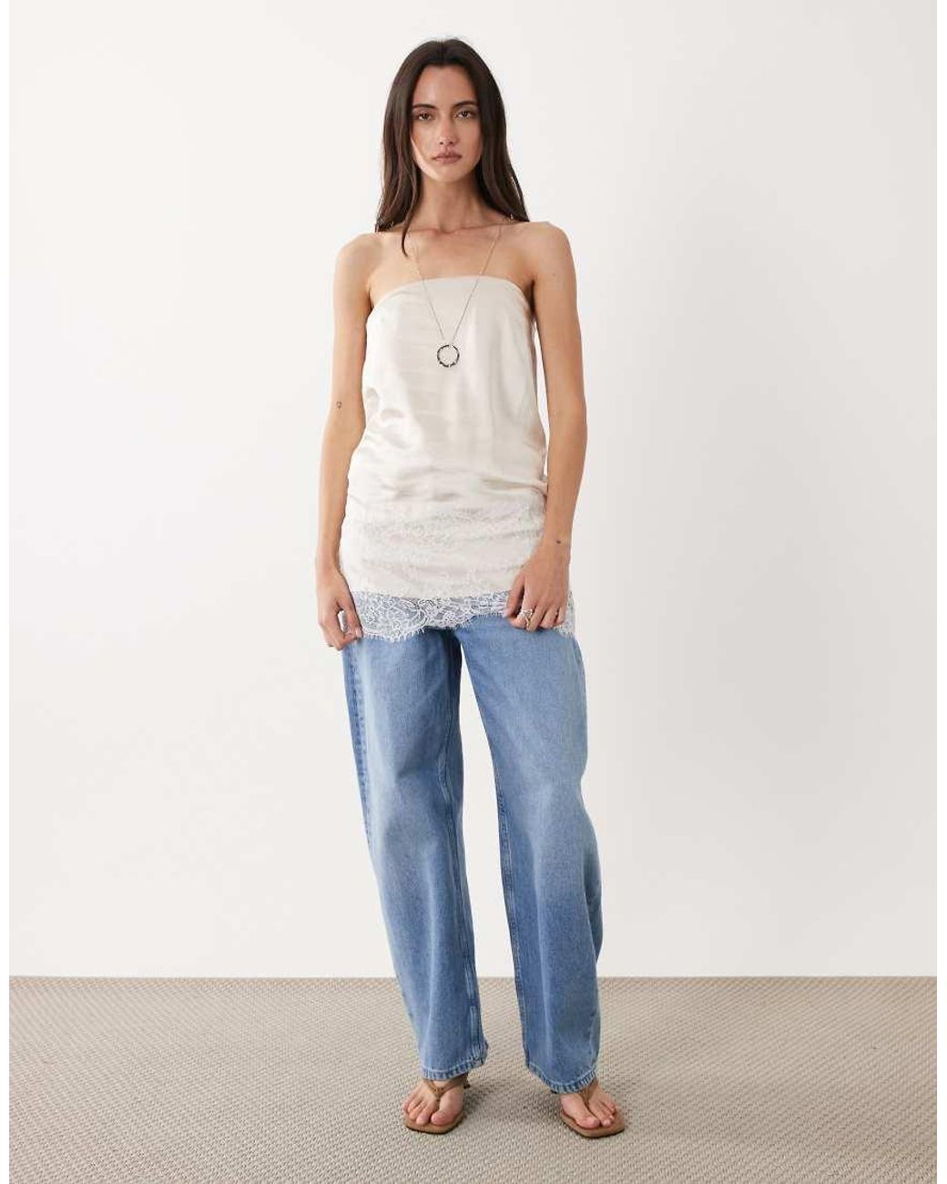 4th & Reckless White Satin Lace Trim Bandeau Top