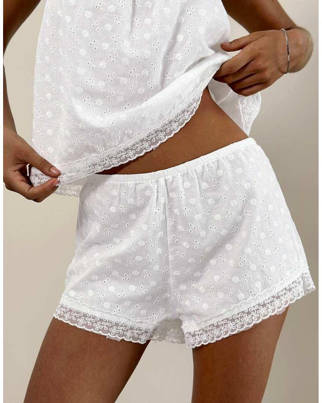 Motel Natural Charada Broderie Mini Shorts